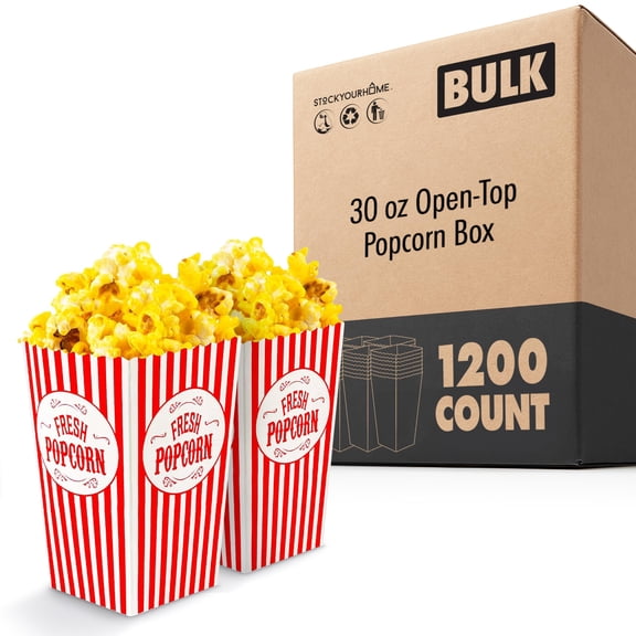 Movie Theater Popcorn Boxes (1200 Pack), Disposable Red and White Striped Snack Boxes, 30 oz Popcorn Containers for Concession, Carnival or Parties