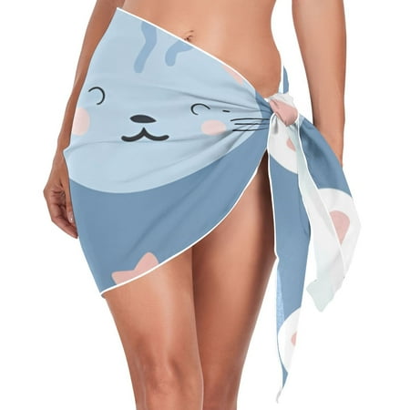 Cute Cats Face Women Coverups Beach Cover Up Chiffon Swimsuit Bikini Wrap Short Skirt Beach Slit Tie Waist