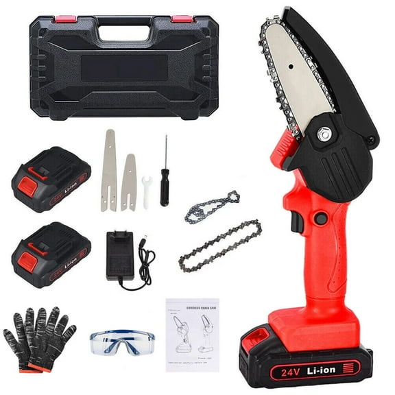 G · PEH Electric Mini Chainsaw，6" & 4'' 24V Handheld Cordless Wood Cutter w/ 2 Battery 2 Chain