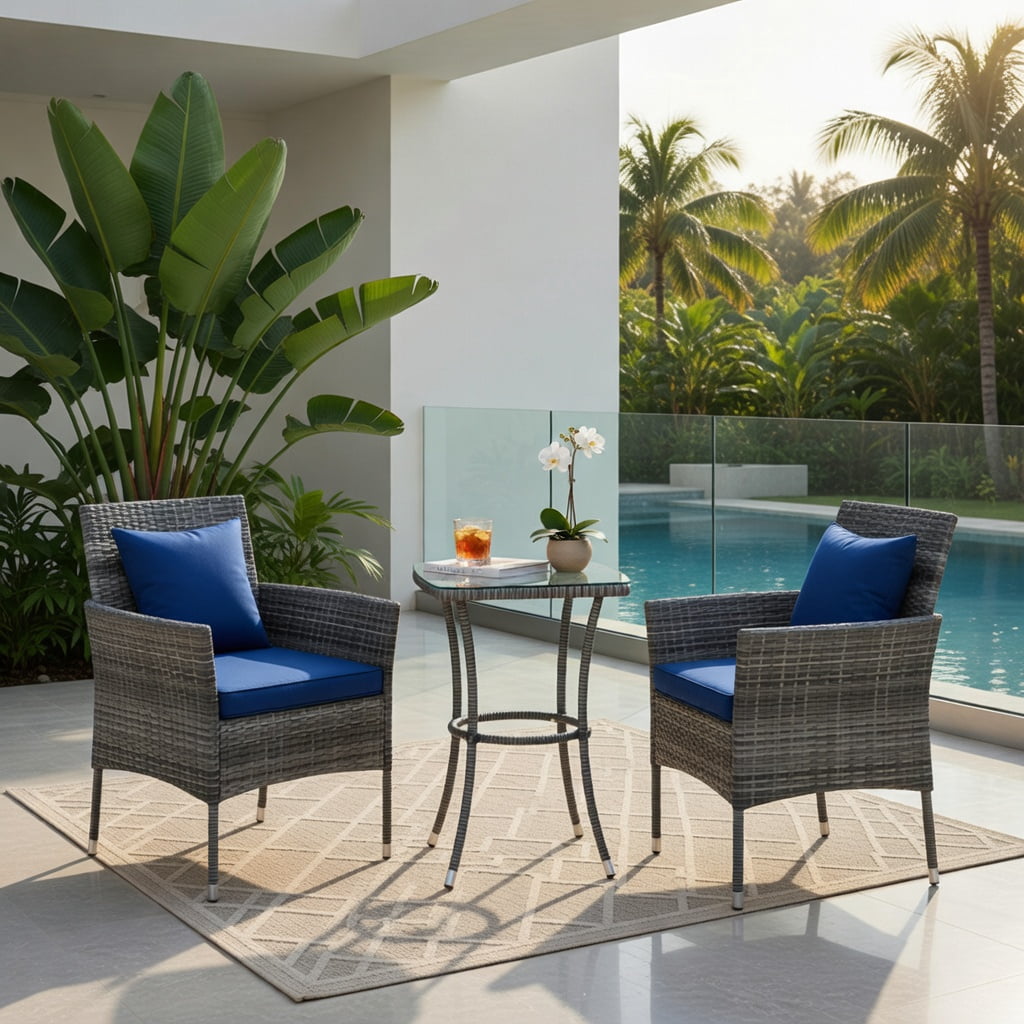 Hommoo 3-Piece Outdoor Patio Furniture Set, PE Rattan Chairs with Removable Cushions & Tempered Glass Coffee Table for Porch, Backyard, Garden, Navy