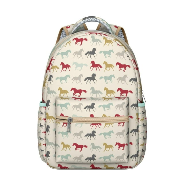 Cute Horse Lovers Student School Backpack with Foal and Pony Floral Pattern Rainbow Print Retro Rural Design Bookbag