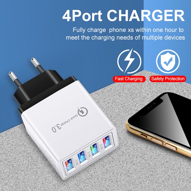 USB de carga rápida 4 puertos LED cargador de teléfono adaptador de corriente UE (negro blanco)