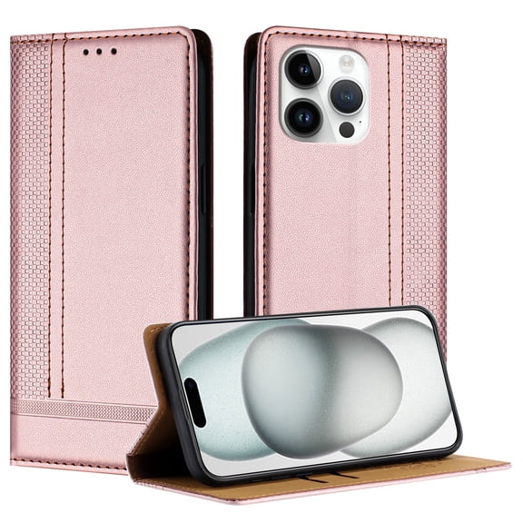 Wallet Case for iPhone 15 Pro, Premium PU Leather Magnetic Flip Folio Case with Credit Card Slots Multi-angle Kickstand Shockproof Protective Phone Case Cover, Rosegold