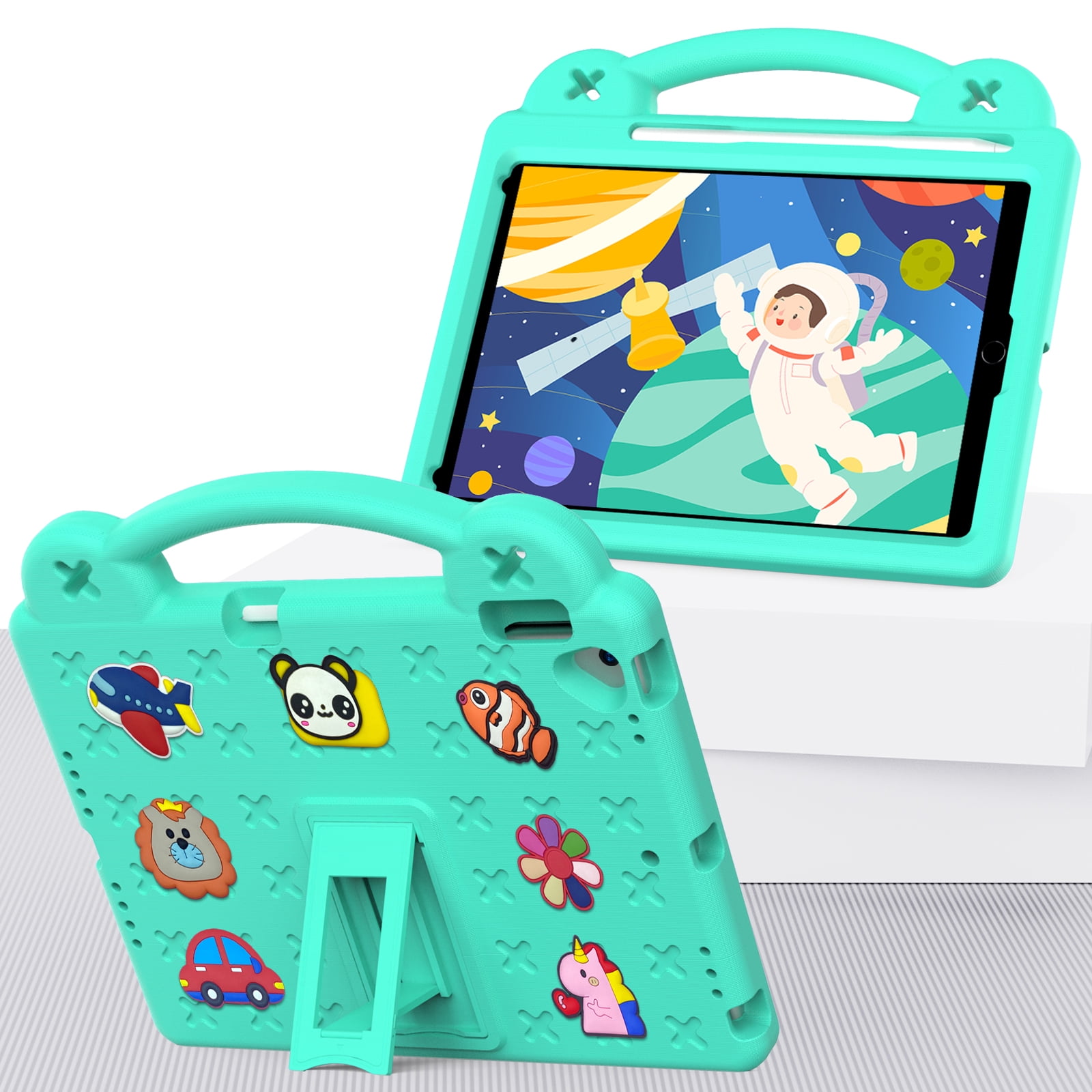 ELEHOLD Kids Case for iPad 9th/8th/7th Gen (2021/2020/2019)10.2 inch, EVA Foam Cute Cartoon Case with Built-in Kickstand Pencil Holder Shockproof Portable Case for iPad 10.2",Mintgreen
