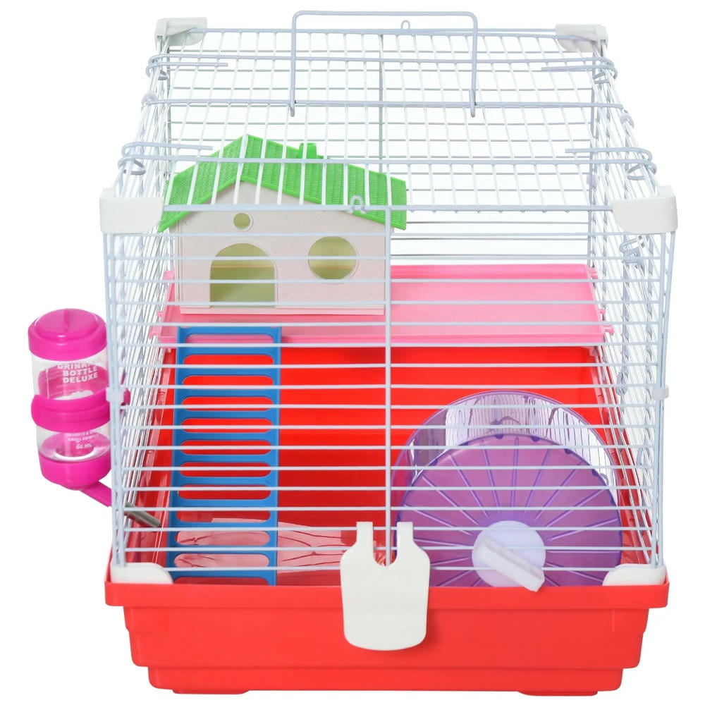 GVN Hamster Cage, Small Hamster Habitat,18.5" Hamster Cage with Exercise Wheel and Water Bottle, Dish, Rat House and Habitat 2-Story Design, Red