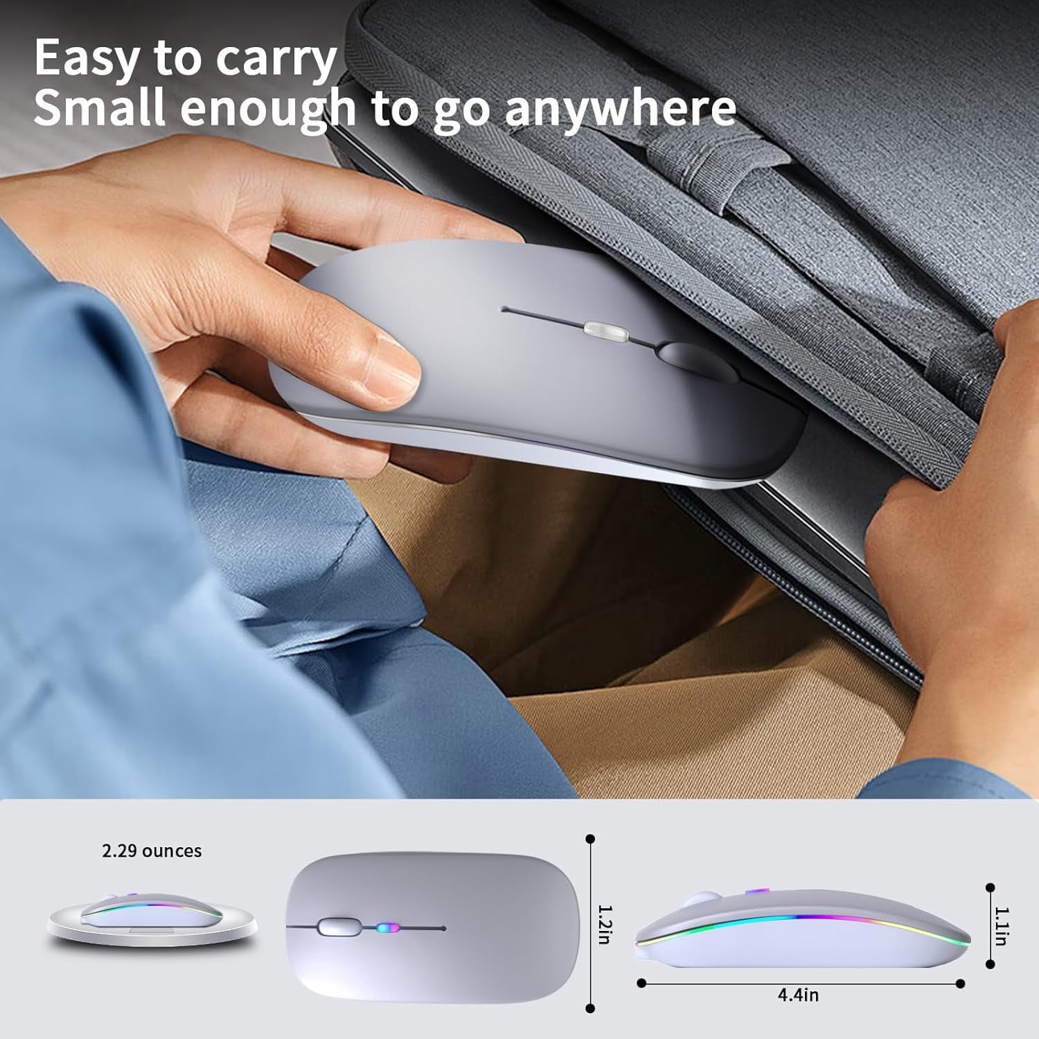 Wireless Bluetooth Mouse – Rechargeable, Silent, Dual Mode (Bluetooth 5.2 & USB) with LED Lights – Portable for Laptop, Desktop, & Tablet(Black)
