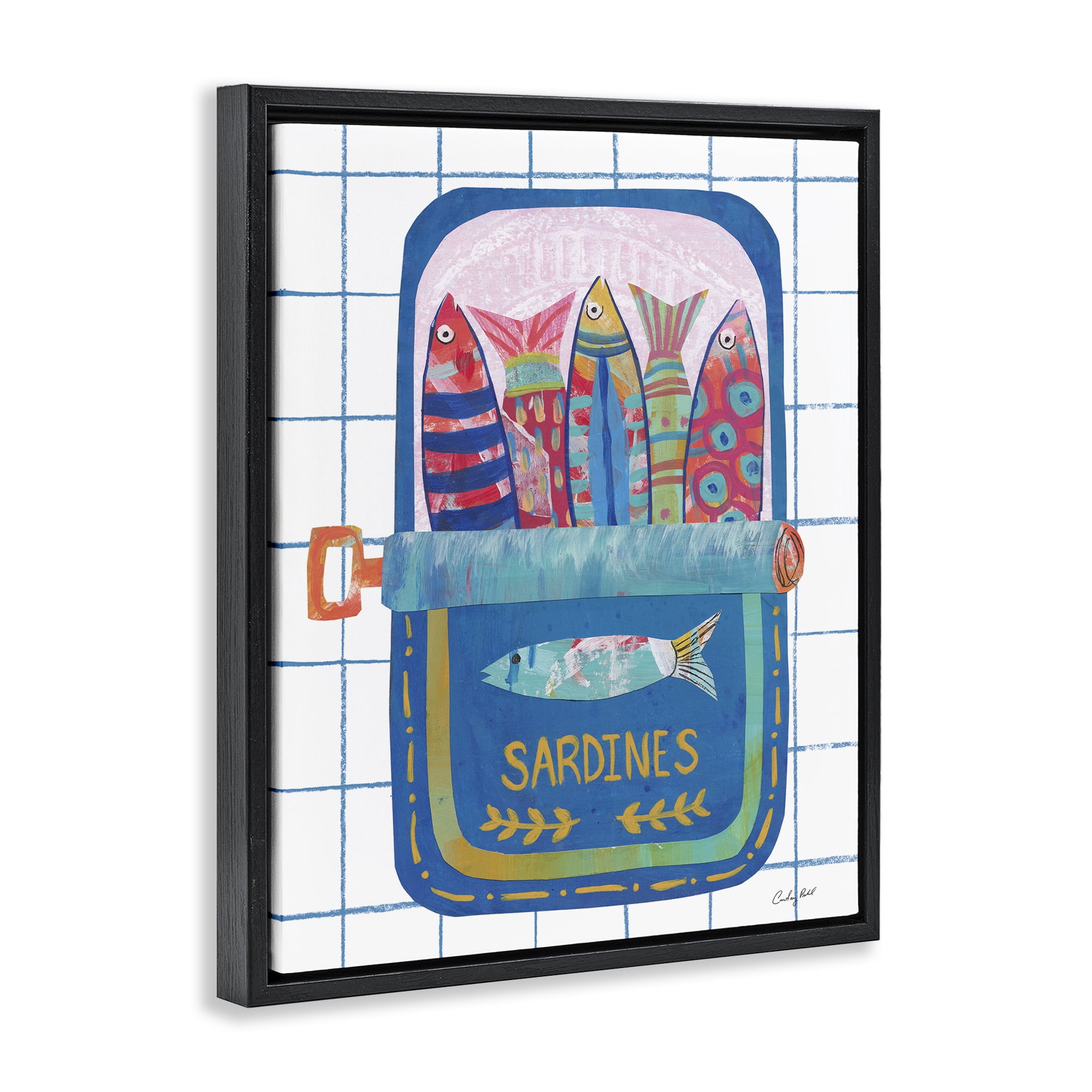 Stupell Industries Silly Sardines Blue Tin Black Framed Floater Canvas Wall Art, design by Courtney Prahl