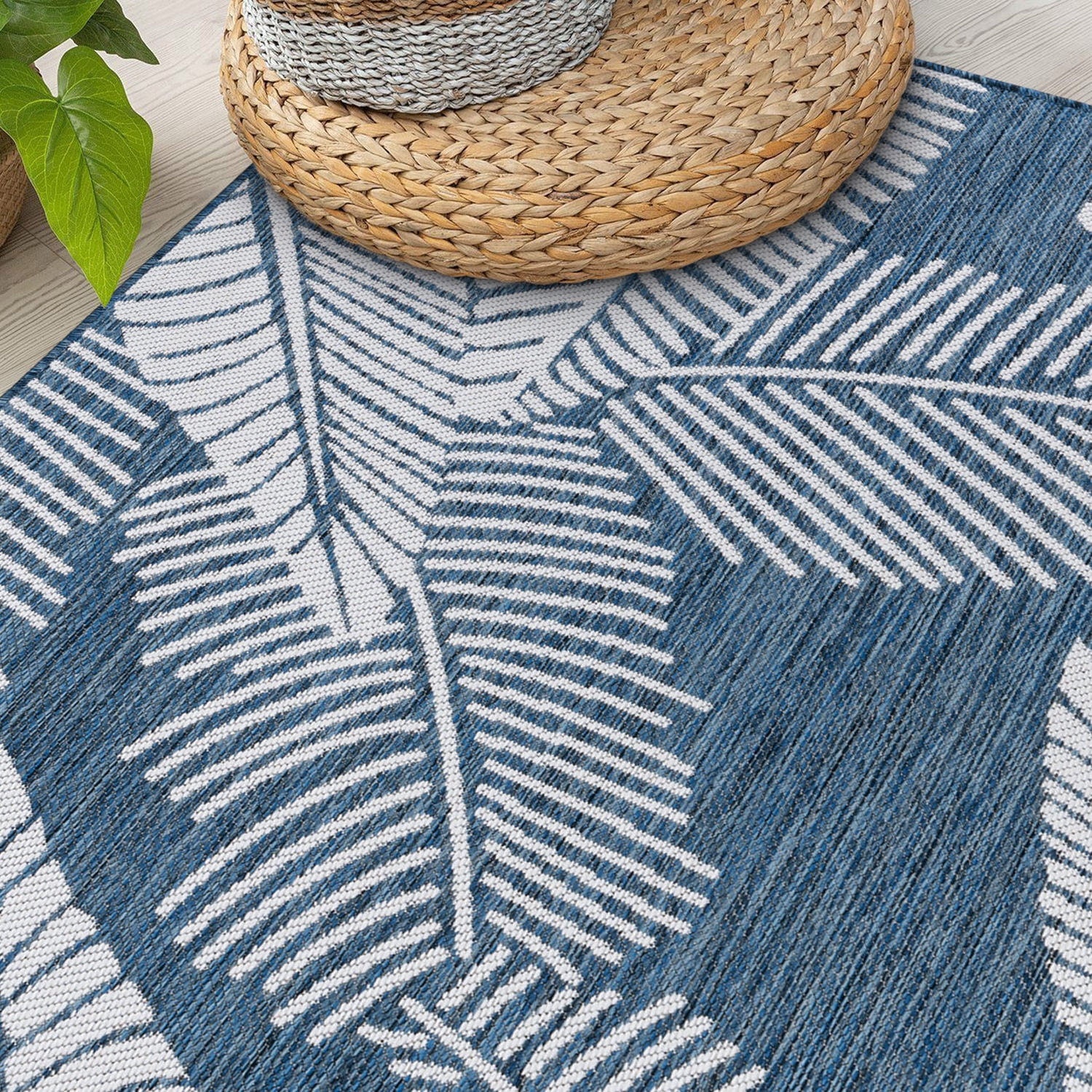 World Rug Gallery Distressed Palm Leaves Textured Flat Weave Indoor/Outdoor Area Rug - NAVY 5' X 7'