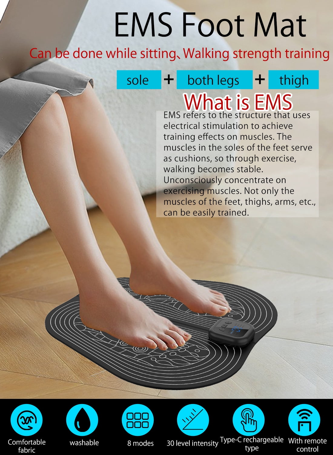 EMS Electric Foot Massager Mat Pad Remote Control USB LED Portable Rechargeable for Men Women 8 Modes 30 Intensity Levels