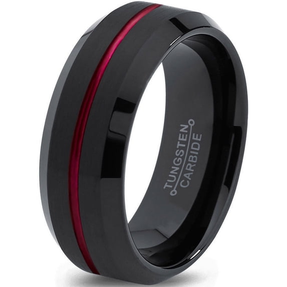 P. Manoukian Tungsten Wedding Band Ring 8mm for Men Women Red Black Beveled Edge Brushed Polished Center Line Lifetime Guarantee Size 9.5