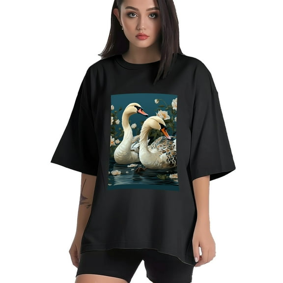 Plus Size Shirt for Women Black Tops for Women Short Sleeves Shirt for Women Swans T Shirt Crewneck Shirt for Women XS