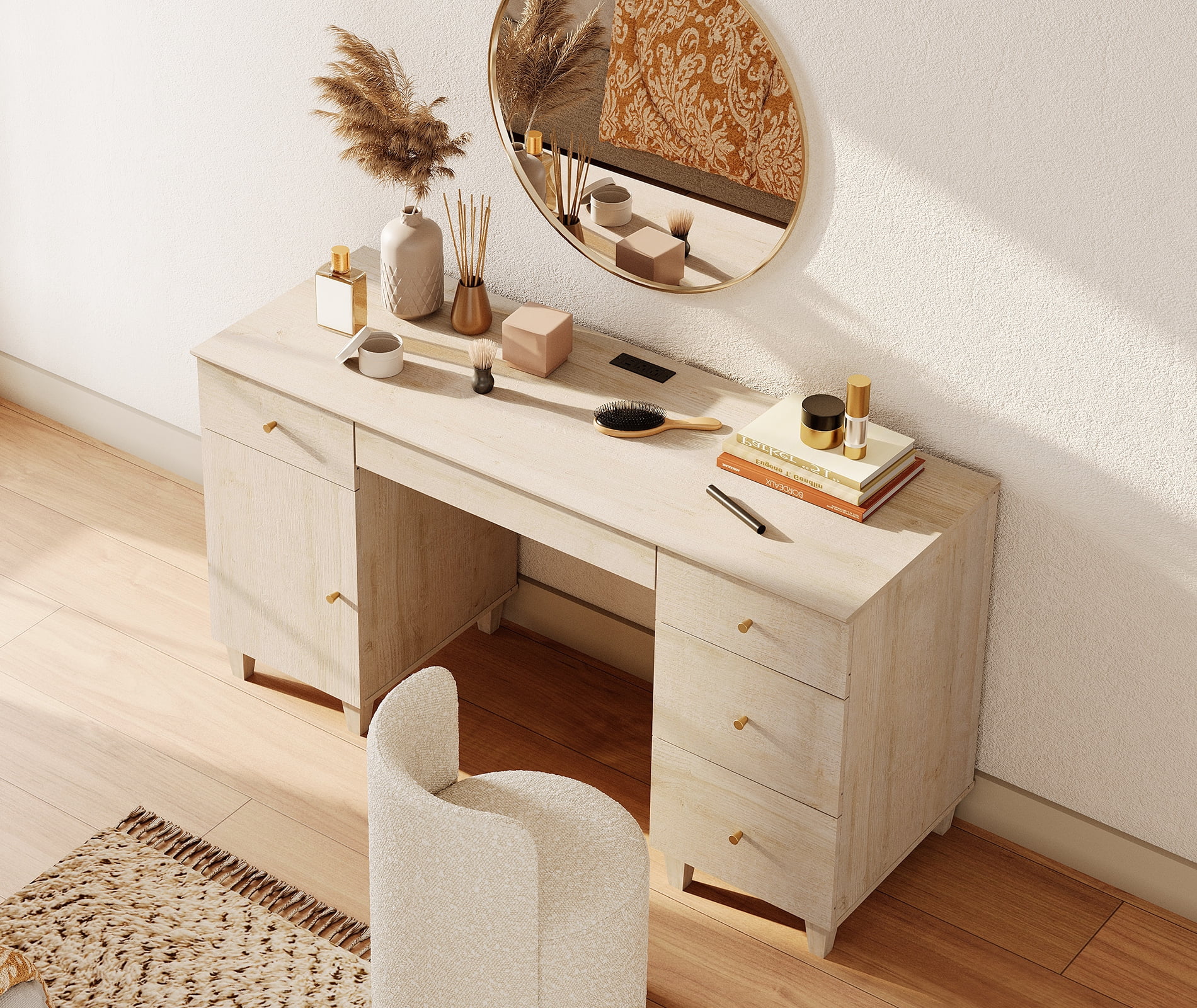 58" Wooden Vanity Desk with Drawers and Cabinet, Modern Makeup Charging Table with Storage for Bedroom, Light Oak
