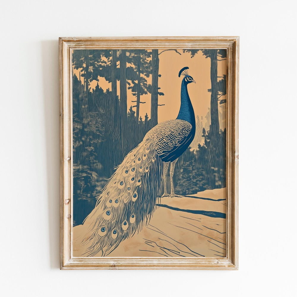 Peacock Vintage Bird Illustration Eclectic Exotic Blue Forest Poster
