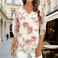 thumbnail image 2 of SYMOID Womens Floral V-Neck Blouse with Ruffle Sleeves Flowy Casual Top 3/4 Sleeve Polyester Beige,Size L, 2 of 6