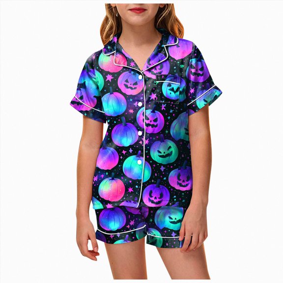 KPOPLK Halloween Pajamas Sets for Girls 2T-13T Short Sleeve Button Down Shirt and Elastic Waist Shorts Jammies Teen Girl 2 Piece Pjs,Size 12-13 Years