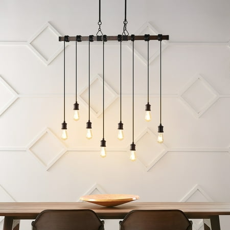 

Rhys 40 8-Light Vintage Industrial Driftwood Iron LED Linear Chandelier with Height Adjustable Bulbs Brown Wood Finish/Black