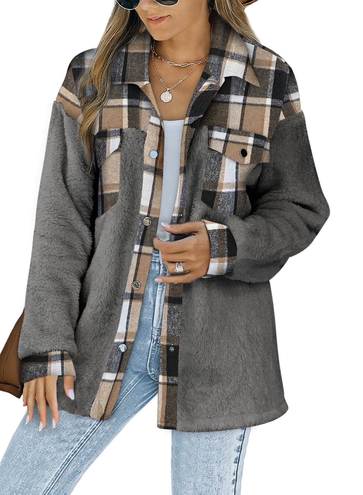 Eytino Womens Flannel Plaid Jacket Contrast Fuzzy Fleece Jackets Long ...