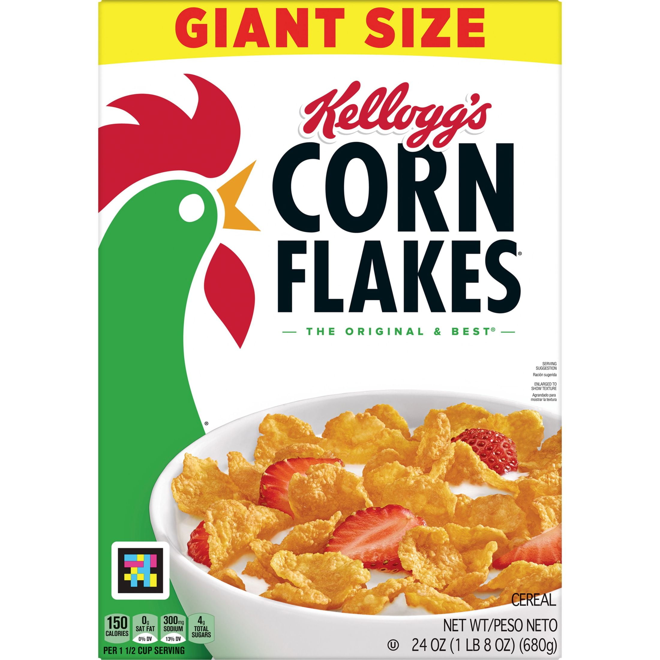 Kellogg's Corn Flakes Breakfast Cereal, Kids Cereal, Family Breakfast,  Giant Size, Original, 24oz Box (1 Box)