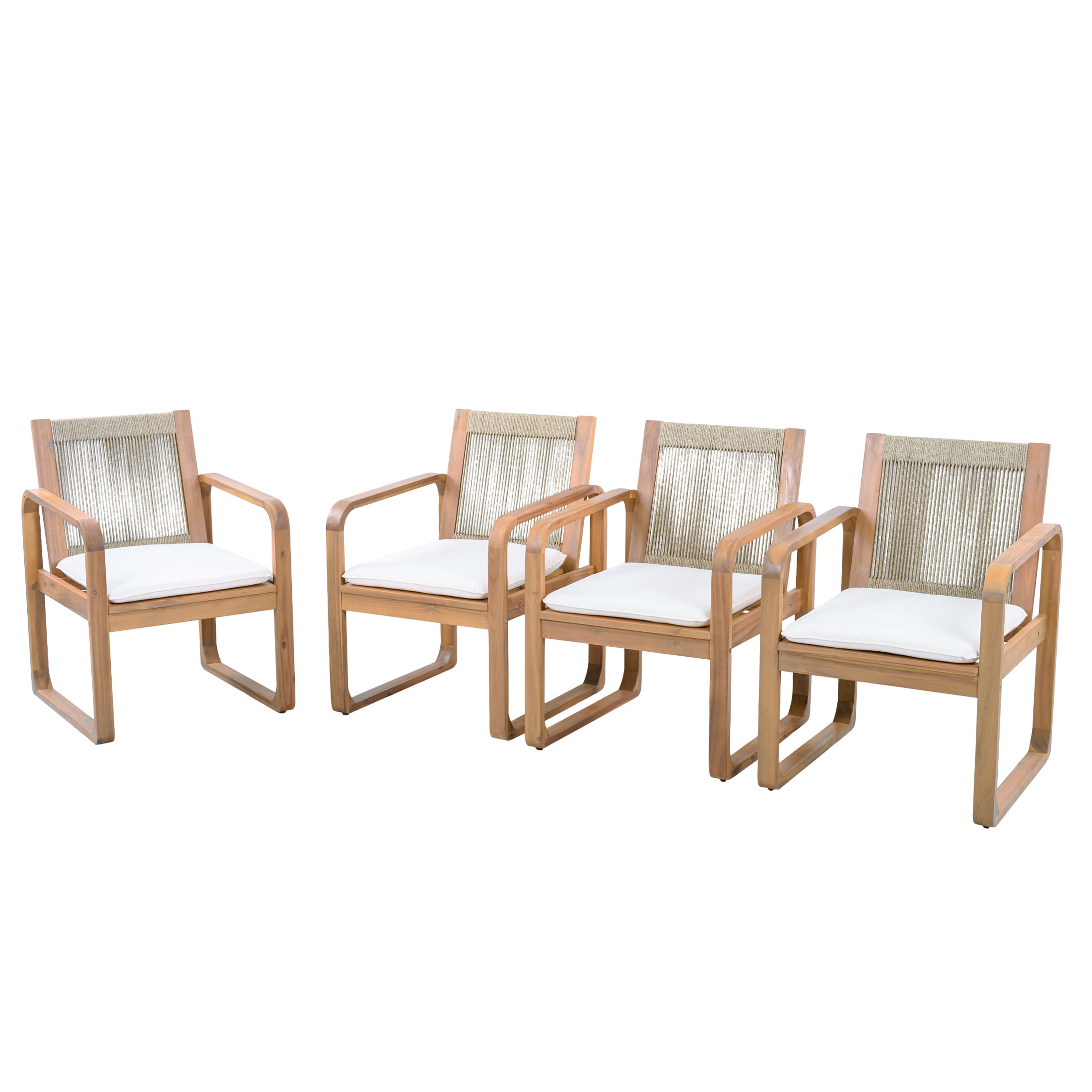 Christopher Knight Home Outdoor Light Teak Wood Dining Chairs with Beige Cushions, Rope Back, Set of 4
