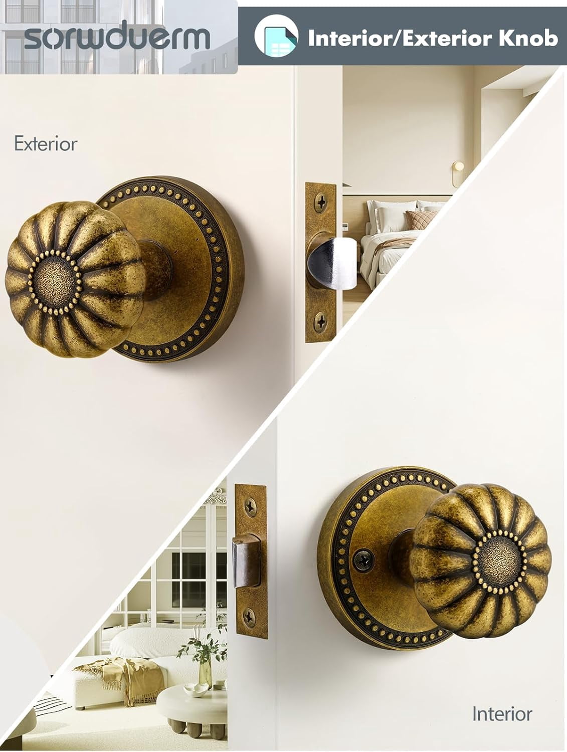 Antique Brass Door Knob Passage Door Knobs Interior Door Knob for Hall and Closet,Zinc Alloy 1 Pack