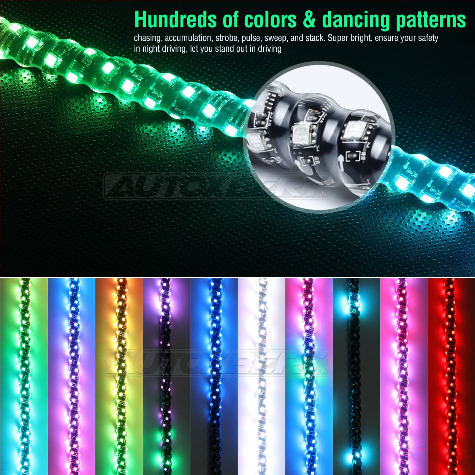 AUTOXBERT 2PCS 3FT RGB LED Whip Light DIY Chasing Patterns Antenna Lighted Whips for ATV UTV