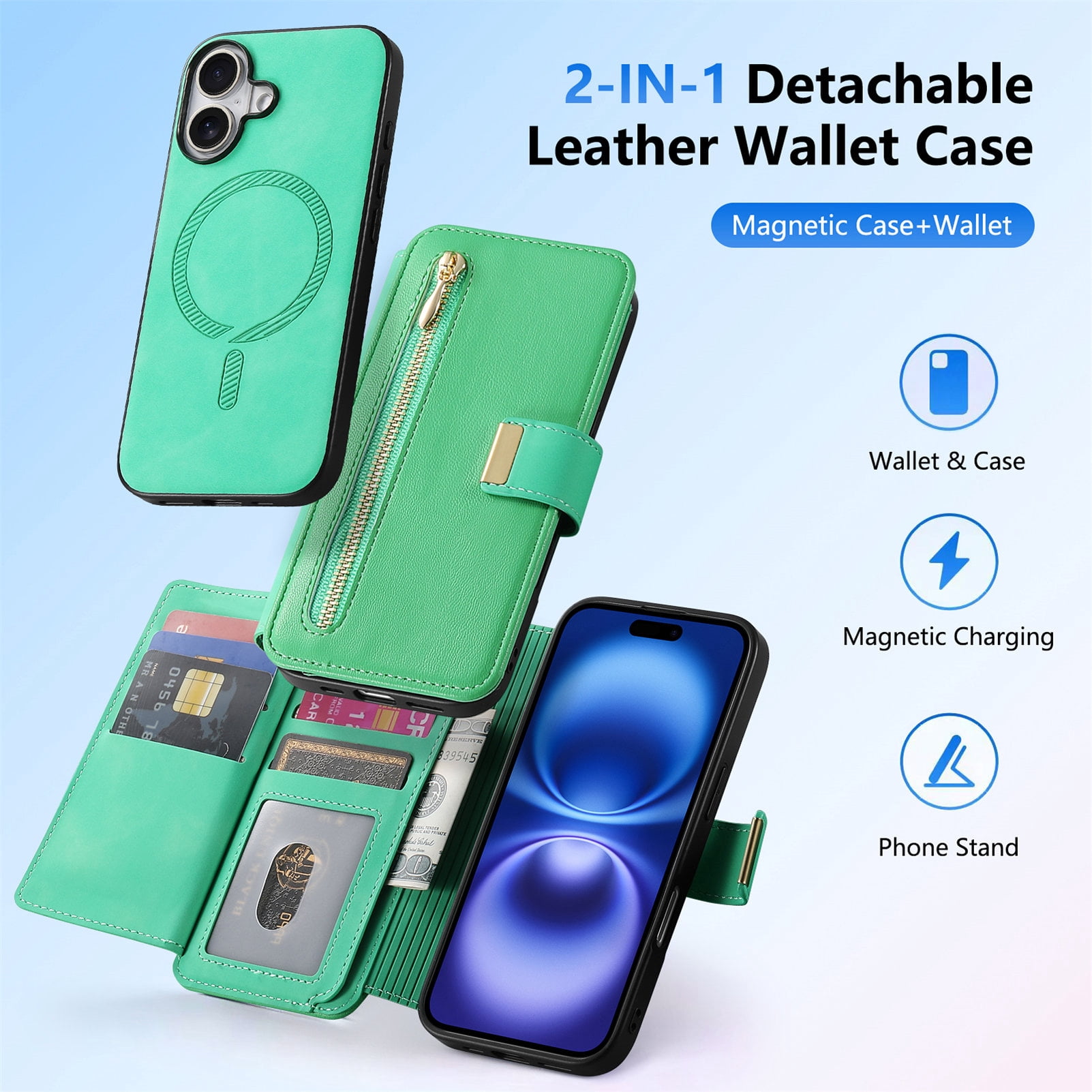 TECH CIRCLE for Galaxy S24 FE 2-in-1 Phone Case 6.7" 2024, Magnetic Back Cover with Removable Flip Wallet Case, with Card Slots/Ring Holder Grip, Compatible with MagSafe, PU Leather Case, Green
