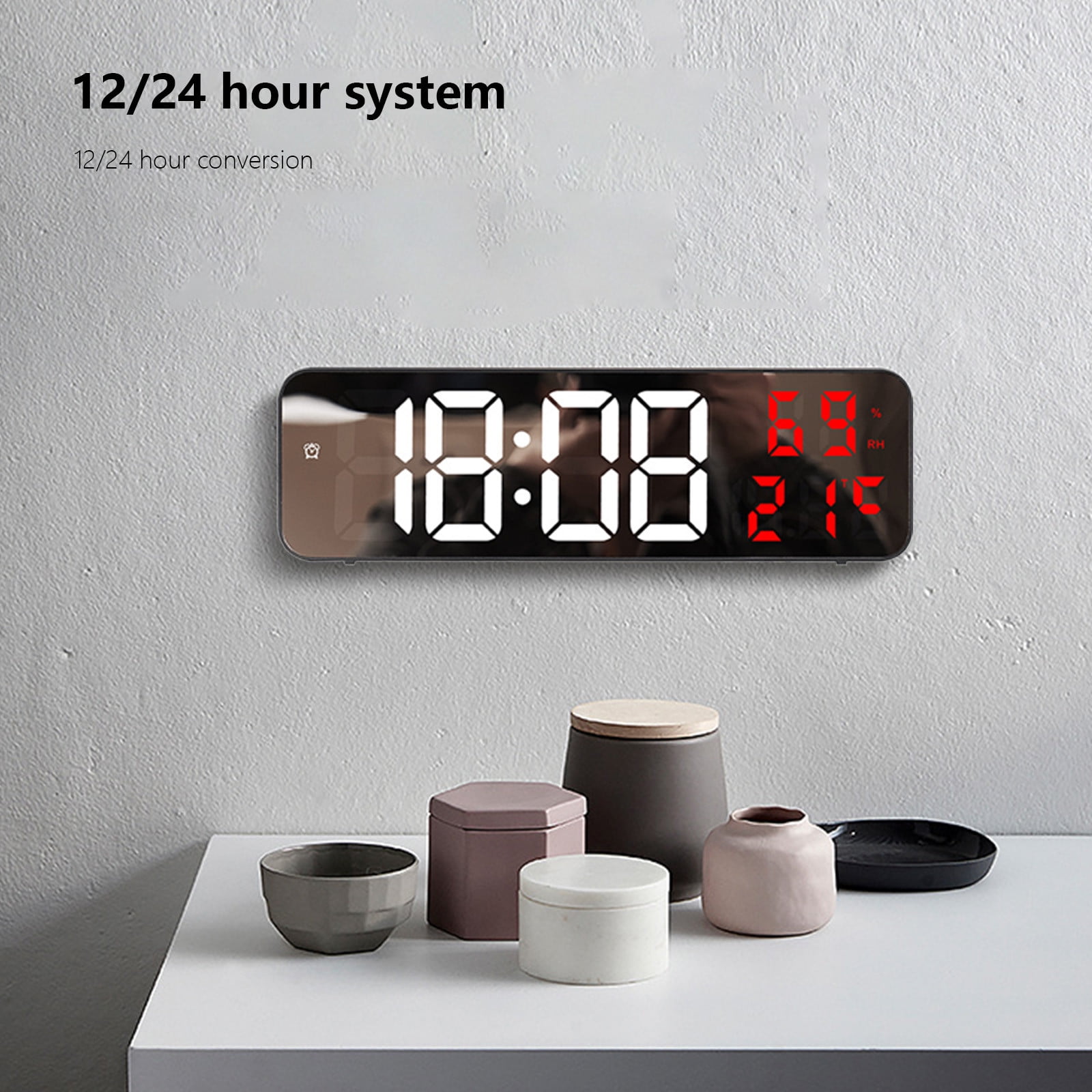 Iuhan LED Wall Clock, Large Digital Mirror Display with Temperature Date Humidity, Adjustable Brightness Alarm Clock for Home Office Bedroom Decor