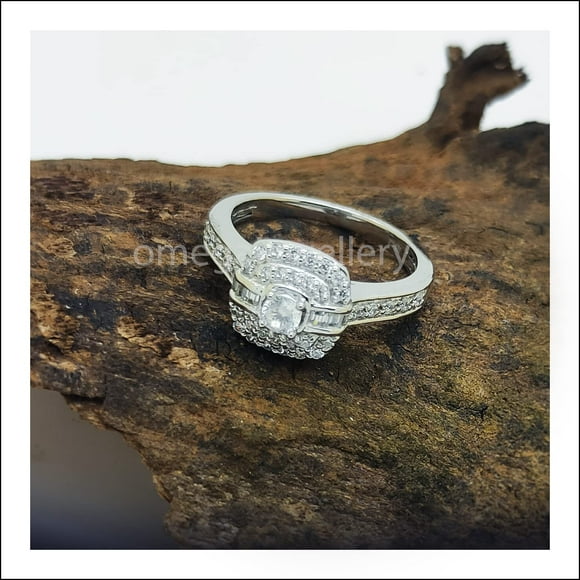Poshadime Halo Engagement Ring - 18K White Gold Plated Silver 1/2Cttw Round & Baguette Simulated Diamond (VVS1-VVS2 Clarity, White Color), Ring Size-13"