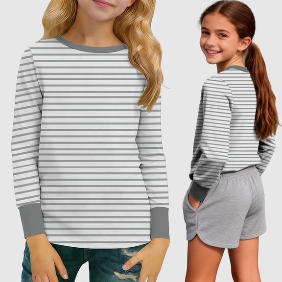 Vmvidoty Girls Long Sleeve Shirts Kids Crewneck 2026 Fall Striped Tops 5-16 Years Spring Fall Winter Sweater Striped Tops Gray 7 Years