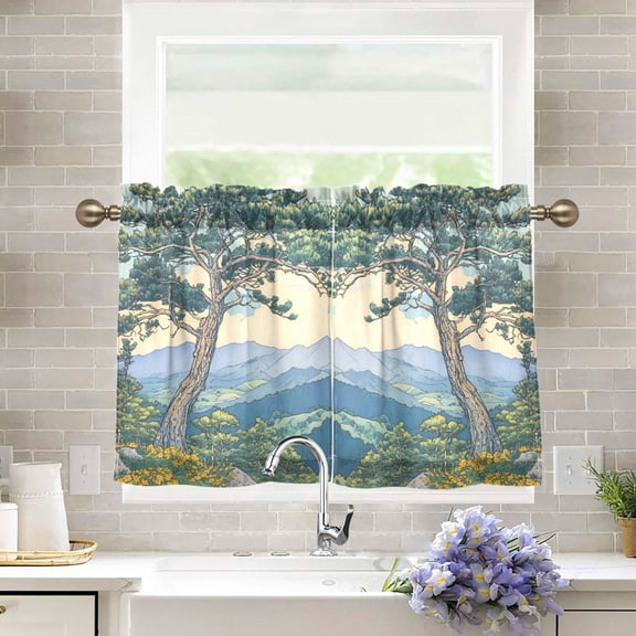 Yayeee Kitchen Curtains Tier Pair Light Filtering 27"x36" Rod Pocket Short Cafe Window Panel, Beige Mountain