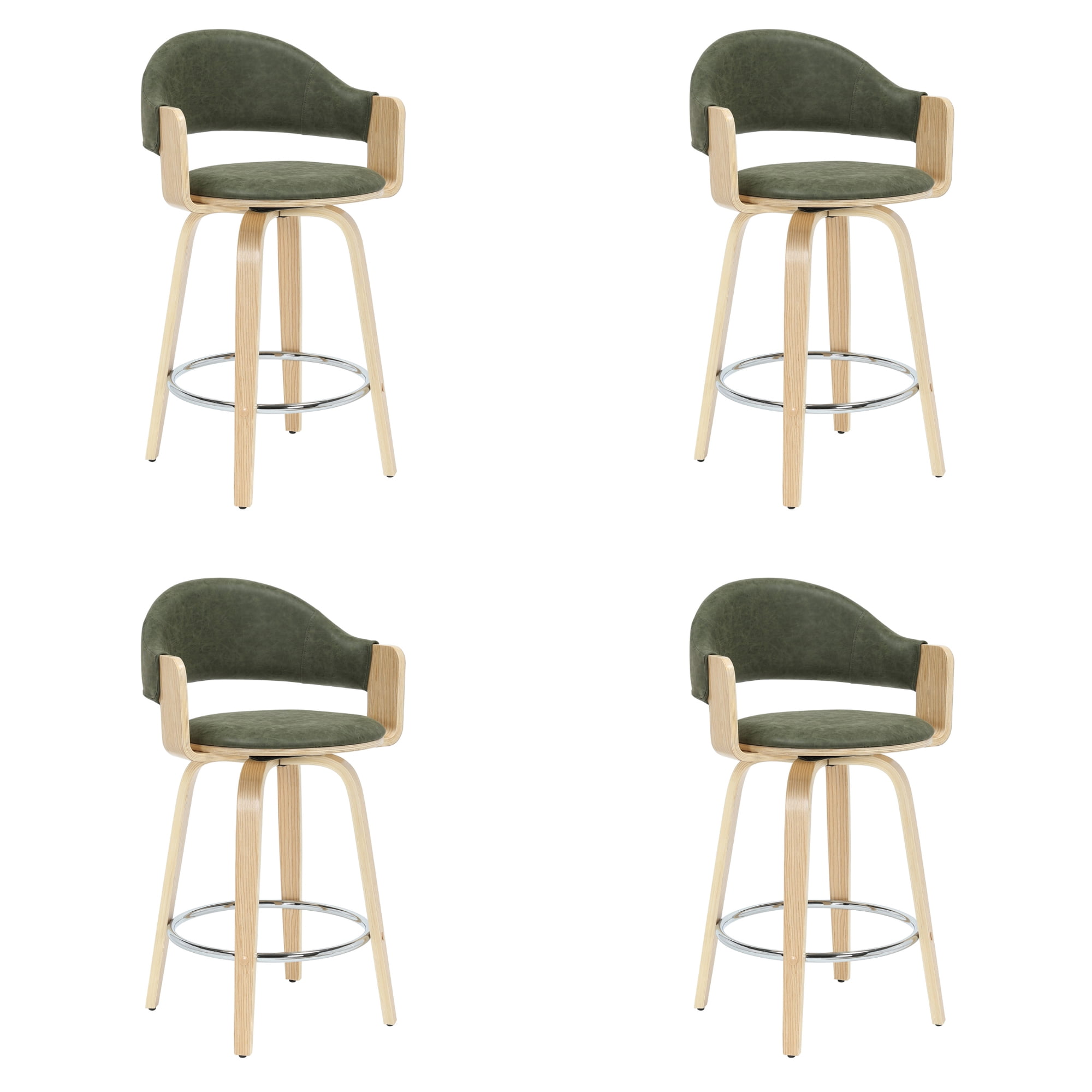Daxton 36 in. H Swivel Counter Height Vintage Green Round Back Wood Bar Stool with Faux Leather Seat Set of 4