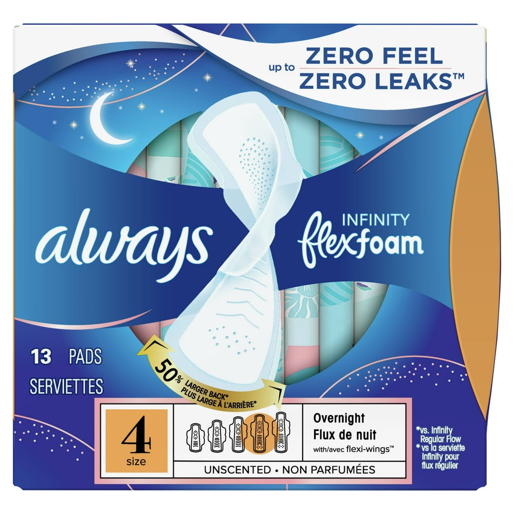 Always Infinity Overnight Pads with Wings, Unscented, Size 4, 13 Ct