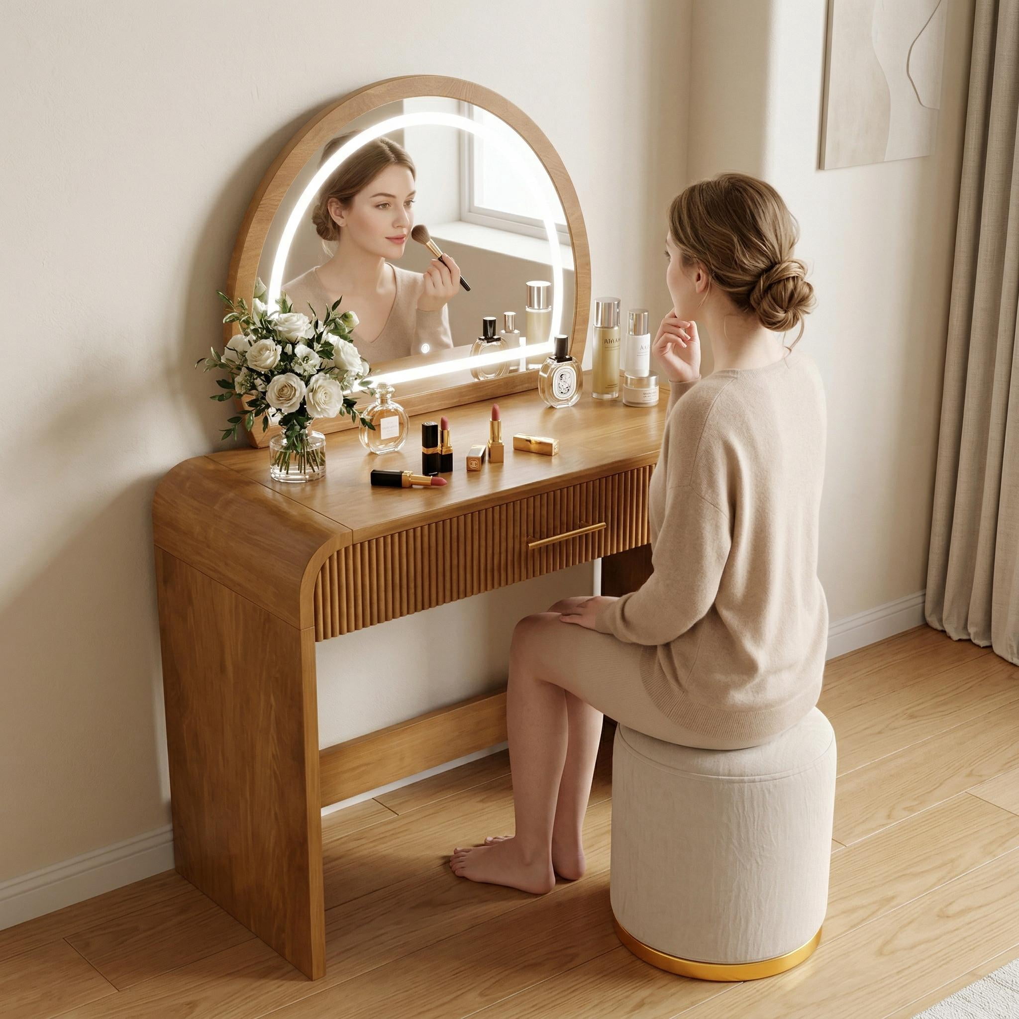 Homy Casa Vanity Table with Lighted Mirror, Large Drawer & Wood Makeup Desk