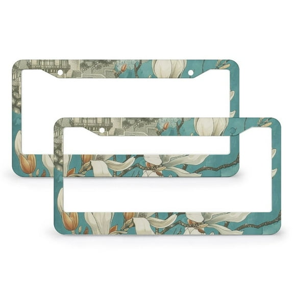 Vintage Blue Magnolia Floral License Plate Frame 2 Pack Vintage Spring Flower Personalized License Plate Frame for US And CA 2 Round Holes Aluminum License Plate Frames