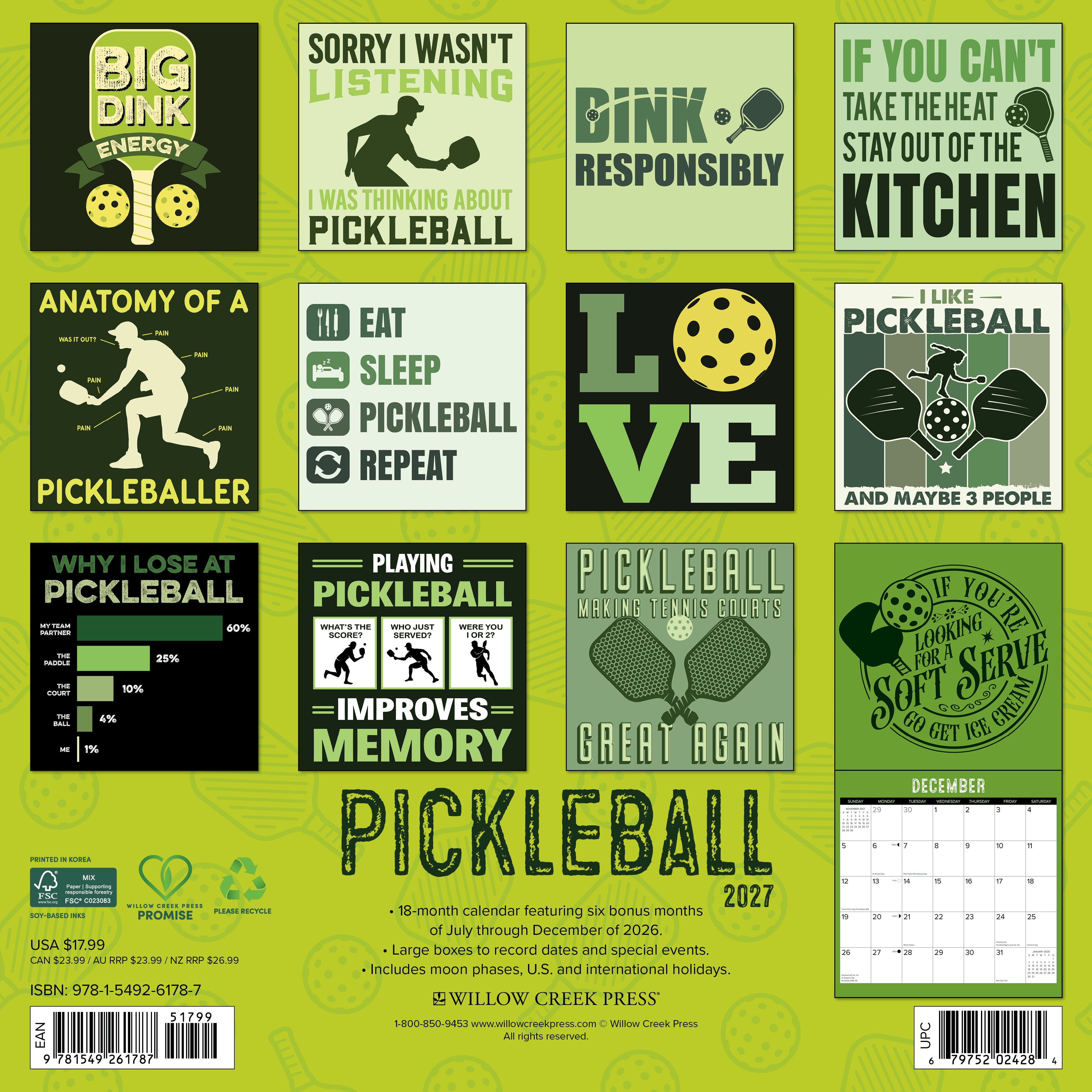 Willow Creek Press, Pickleball 2027 Wall Calendar