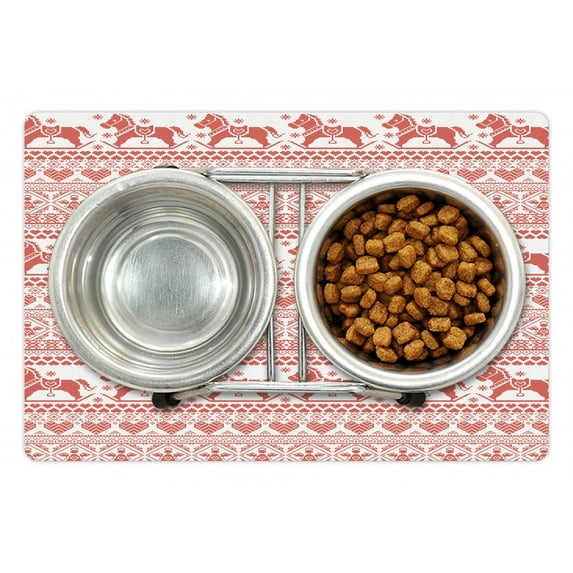 Nordic Pet Mat for Food and Water, Pattern of Horses Hearts and Angels Norwegian Motifs Winter Time, Non-Slip Rubber Mat for Dogs and Cats, 18" X 12", by Ambesonne