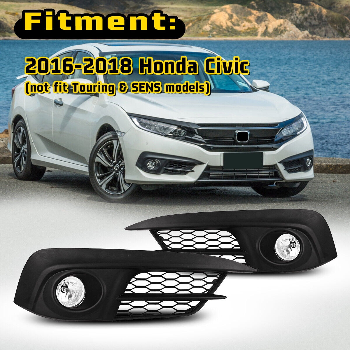 For 1618 Honda Civic Assembly Fog Lights Clear Bumper Lamps Wiring Kit