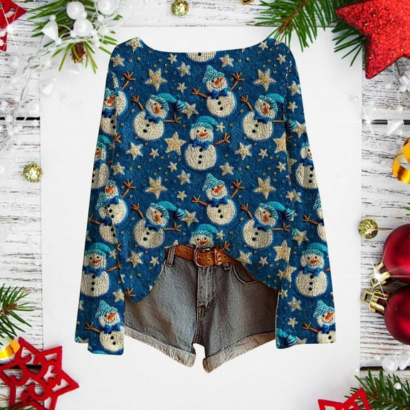 Sakmal Pullover Womens Sweaters Christmas Ugly Cotton Loose Crew Neck Snowmen Print Womens Sweaters L