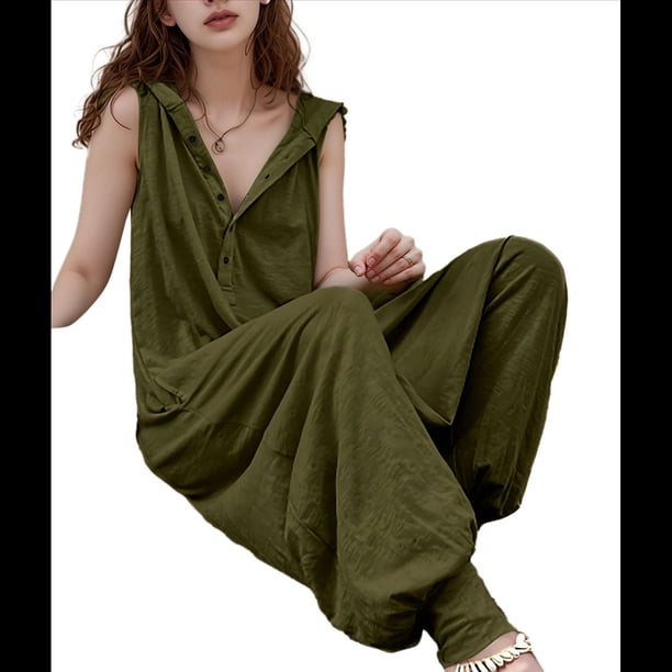 Mono con Botones y Capucha para Mujer, Sin Mangas, con Bolsillos Verde L