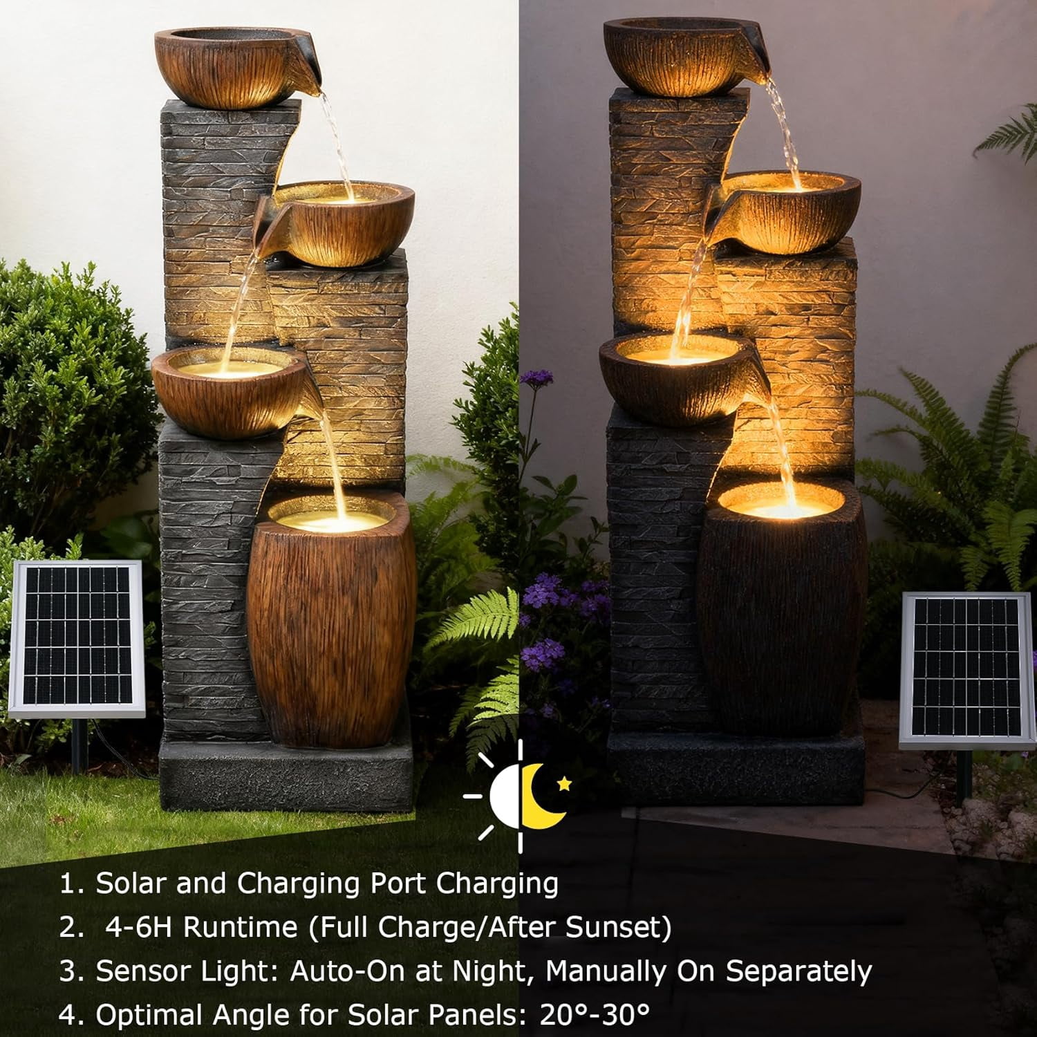 38.2" Tall Solar Water Fountain Outdoor Garden,4 Tiers Modern Cascading Bowls and Stacked Stones Solar Powered Fountains with LED Lights for Garden, Patio, Deck, Porch, Backyard, Lawns