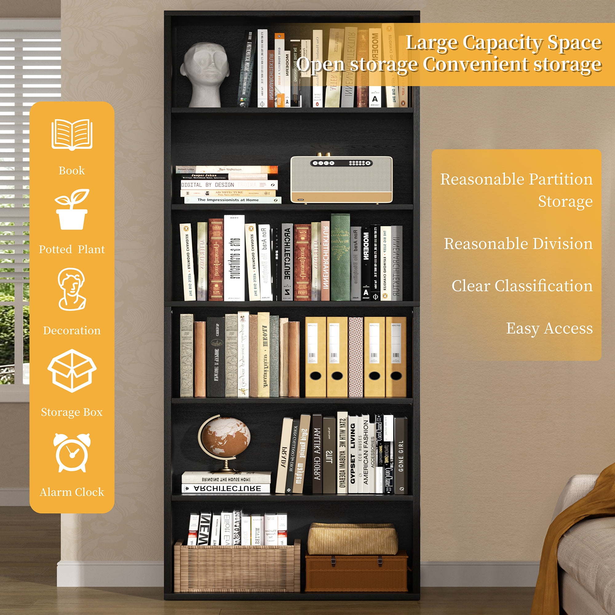 Walsunny 6 Tier Bookshelves Set of 2 Standard Wooden Bookcases Display Shelves with Storage Anti-tipping Device for Home Office Living Room Black