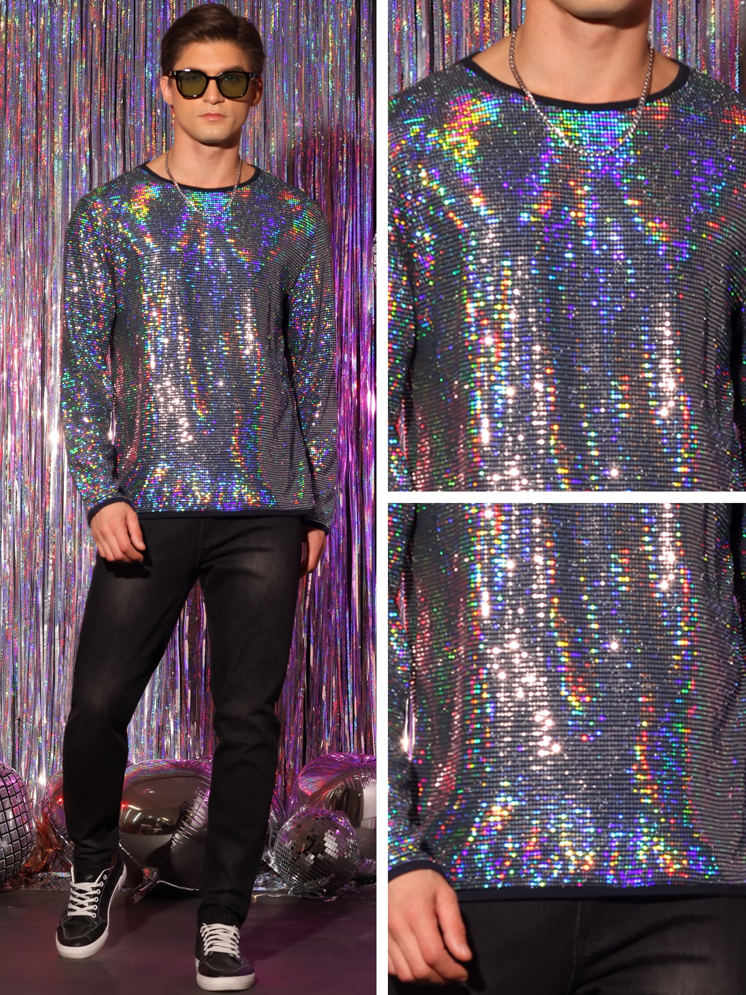 DARING DIVA Men's Sequins Crew Neck Long Sleeves Party Clubwear Sparkly T-Shirt 2XL Silver