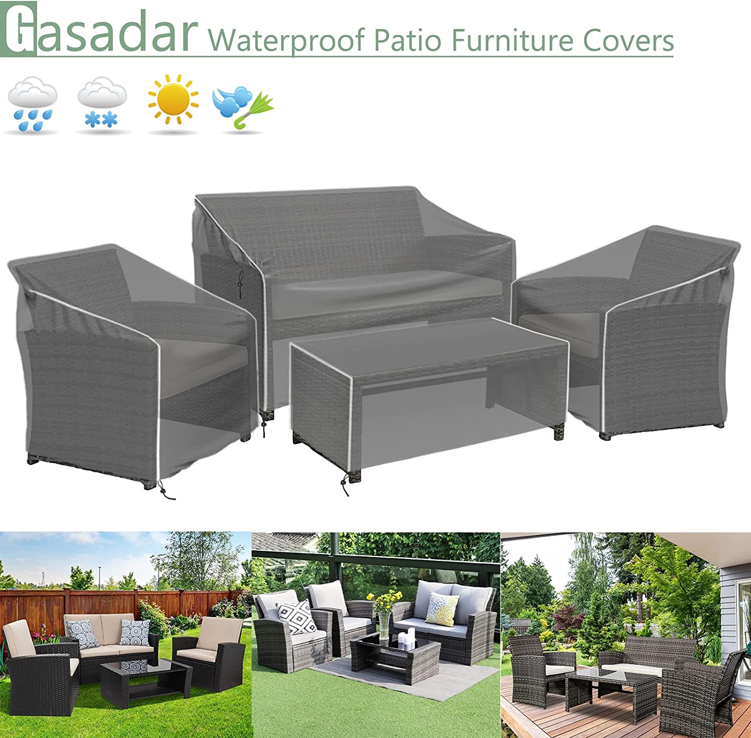 Patio Furniture Covers, 4-Piece Outdoor Cover Waterproof for Loveseat, Chair and Coffee Table, 500D Heavy Duty, Grey