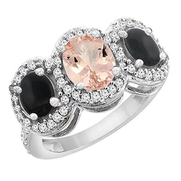 14K White Gold Natural Morganite & Black Onyx 3-Stone Ring Oval Diamond Accent, size 9