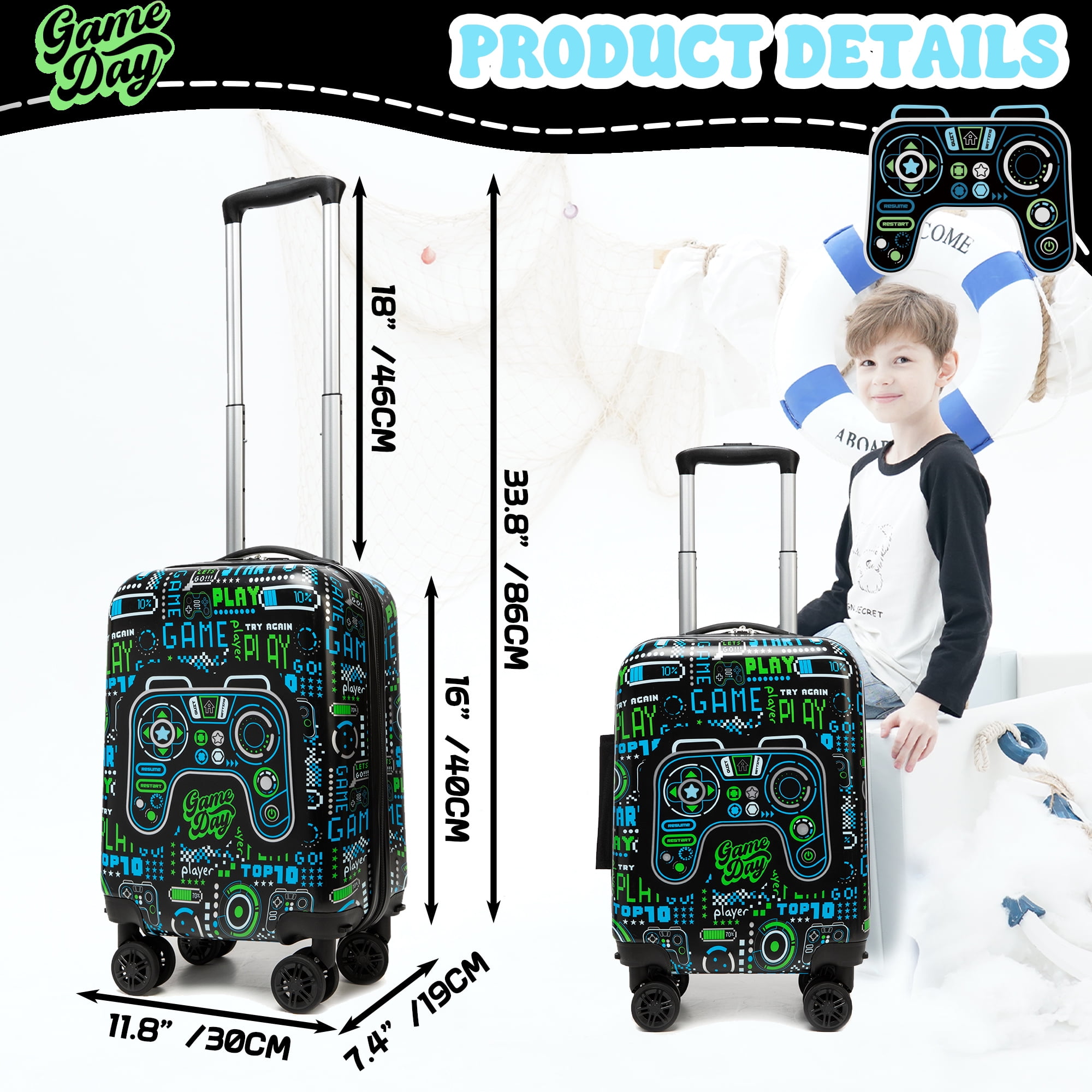 Kids Carry on Luggage Sets for Boys Suitcases with Wheels Hardshell Travel Essentials with Travel Pillow Duffle Bag 16 Inch