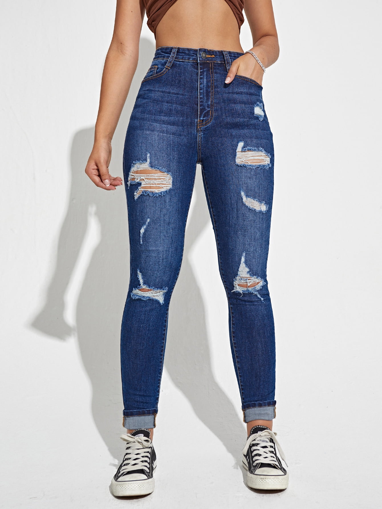 Slant Pocket Ripped Skinny Jeans 