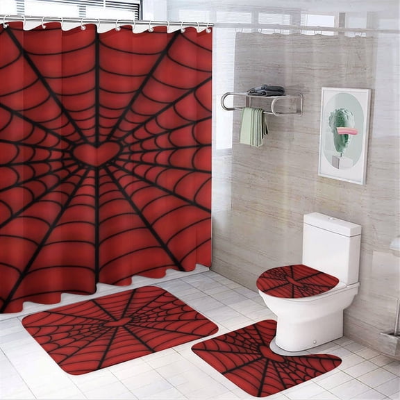 Red Spider Web Black Cartoon Shower Curtain Bathroom Sets Toilet Lid Rug, Bath Mat And Contour Mat, Shower Curtain 4Pcs