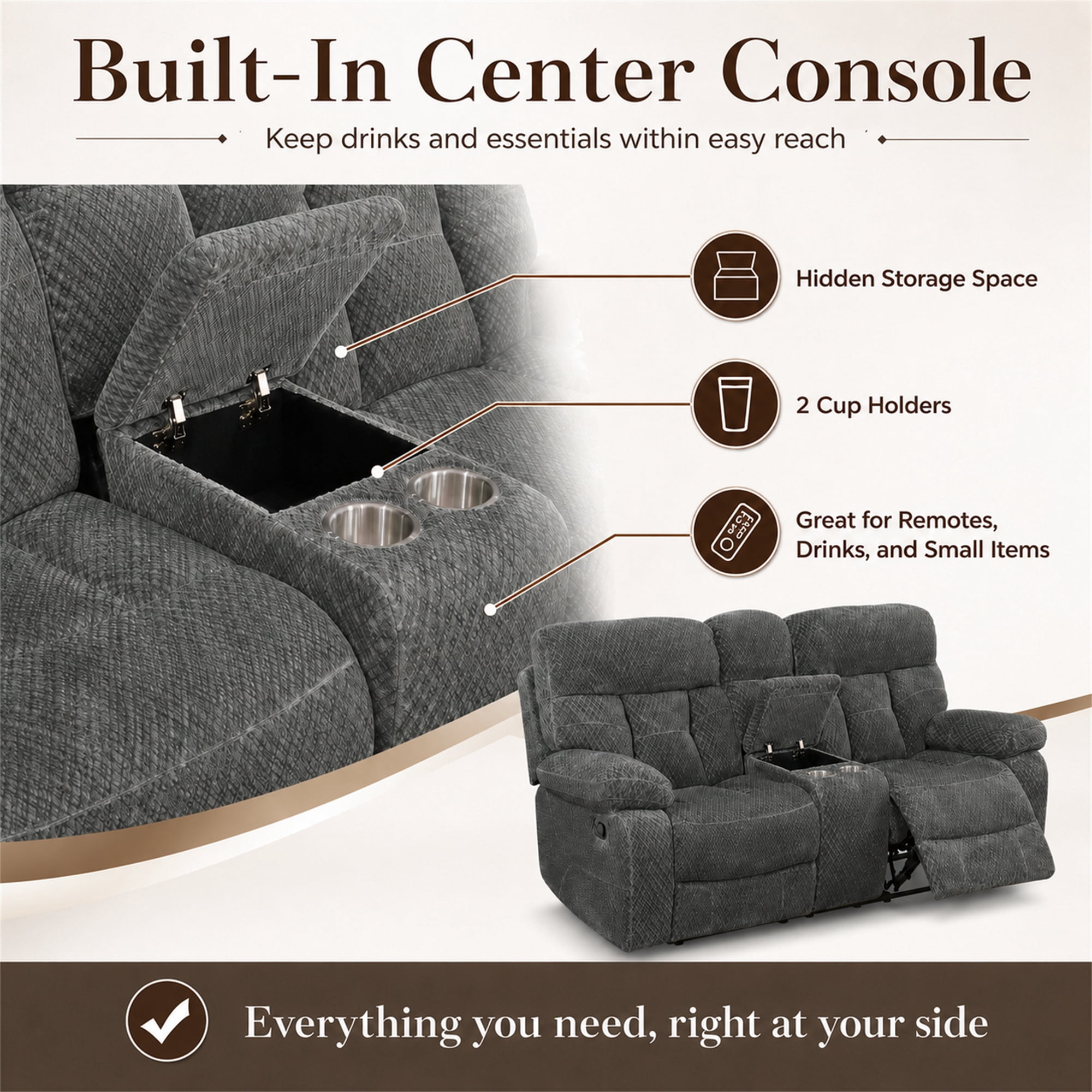 Aukfa 3-Piece Recliner Sofa Set - 77" Loveseat Recliner w/ Cupholder Console for Living Room, Microfiber, Gray