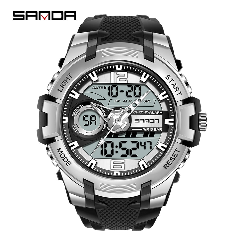 Sanda Men's Analog Sports Watch, LED Large Face Waterproof Wrist Watches, Dual Dial Digital Analog Watches for Men  6015