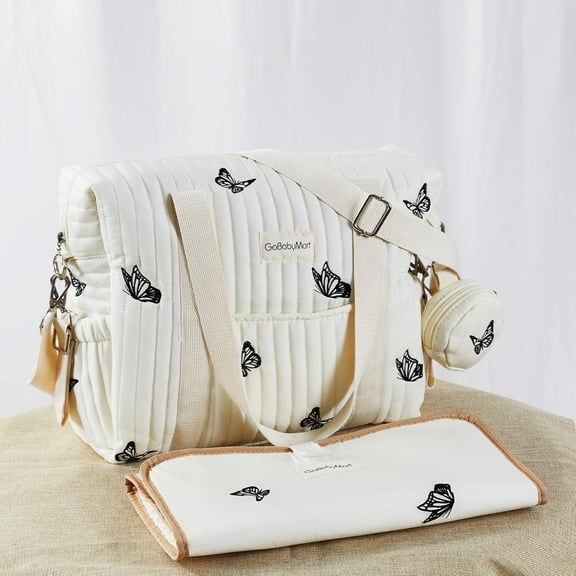 Large Diaper Bag Tote - Maternity Travel Bag, Nappy Bags, Messenger Bag (Medium - Beige Butterflies)